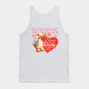 Illustration of Duck Holding a Flower Vintage Style - Valentine's Art - Valentine's Gift Tank Top